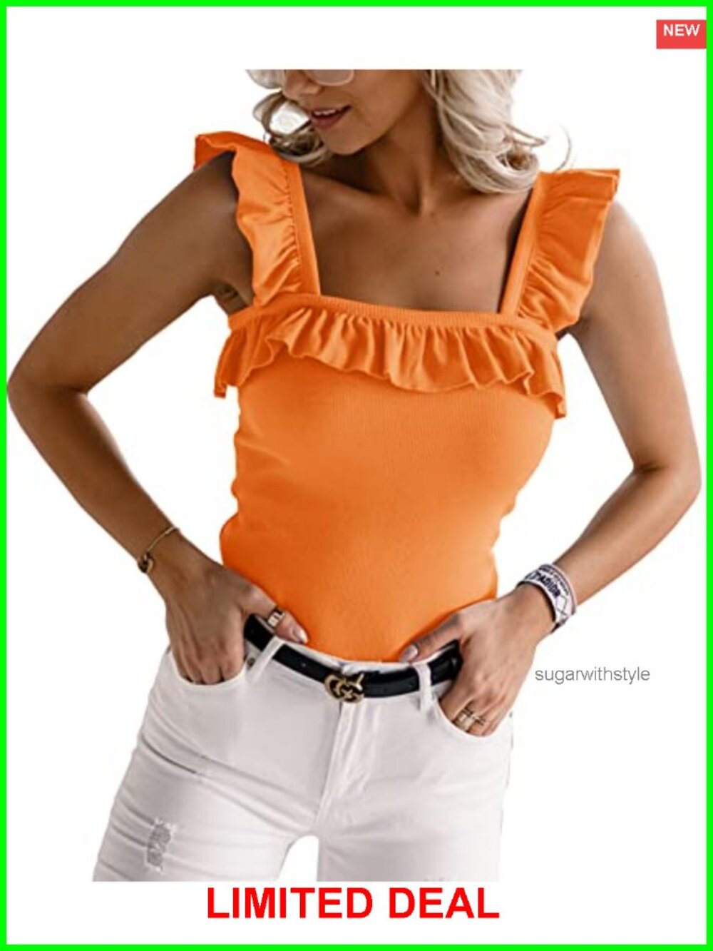 Ruffle Strap Square Neck Knit Camisole Sleeveless Tank Top